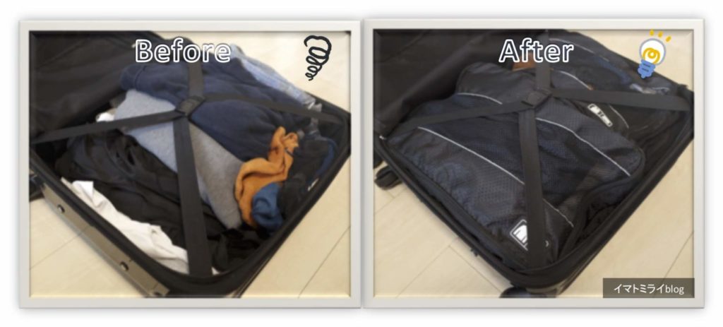 スーツケース用の仕分けバッグの使用した場合としようしない場合の比較